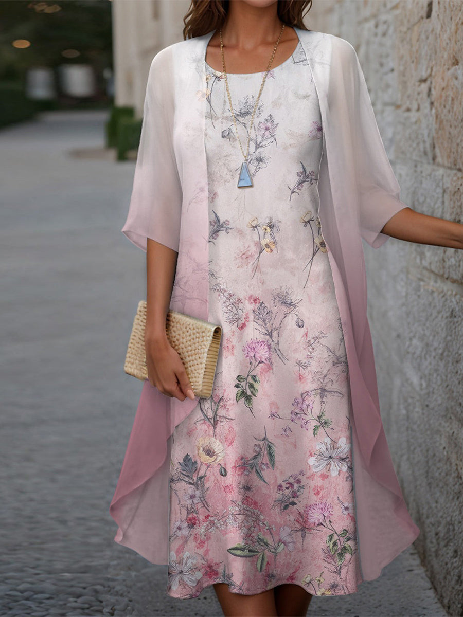 Ärmelloses Damen-Midikleid mit Blumenmuster und passendem Überwurf