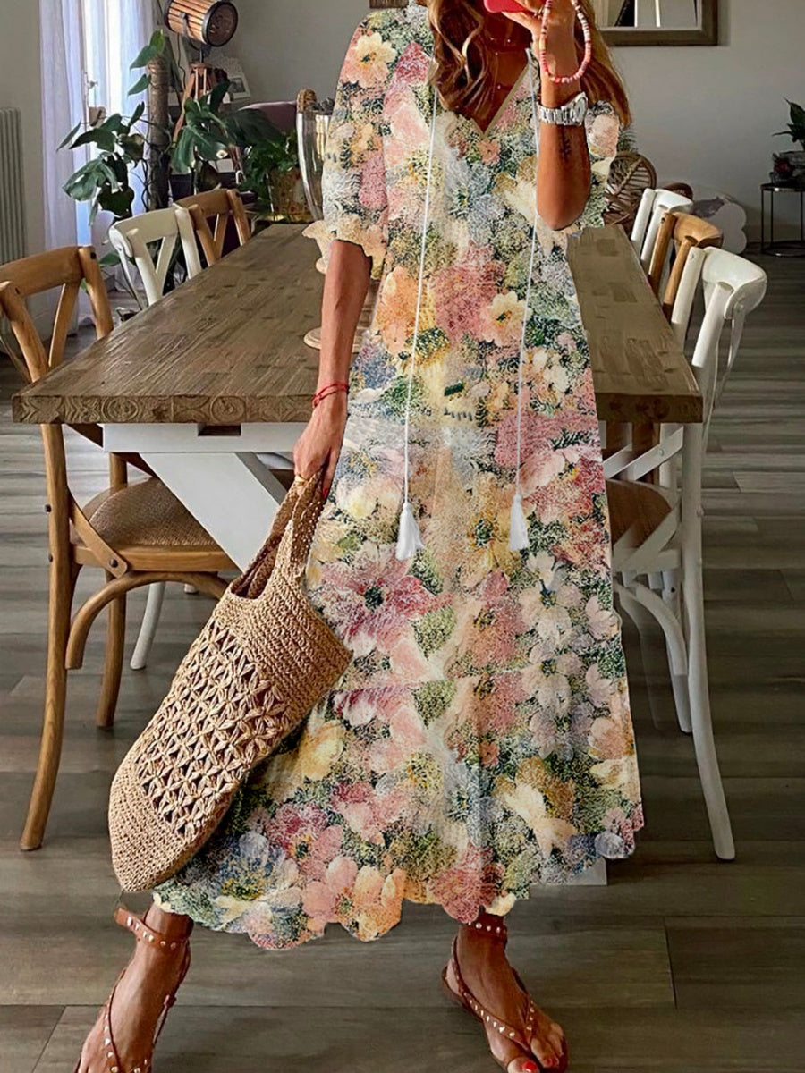 Half Sleeve Floral Loose V Neck Casual Maxi Dress