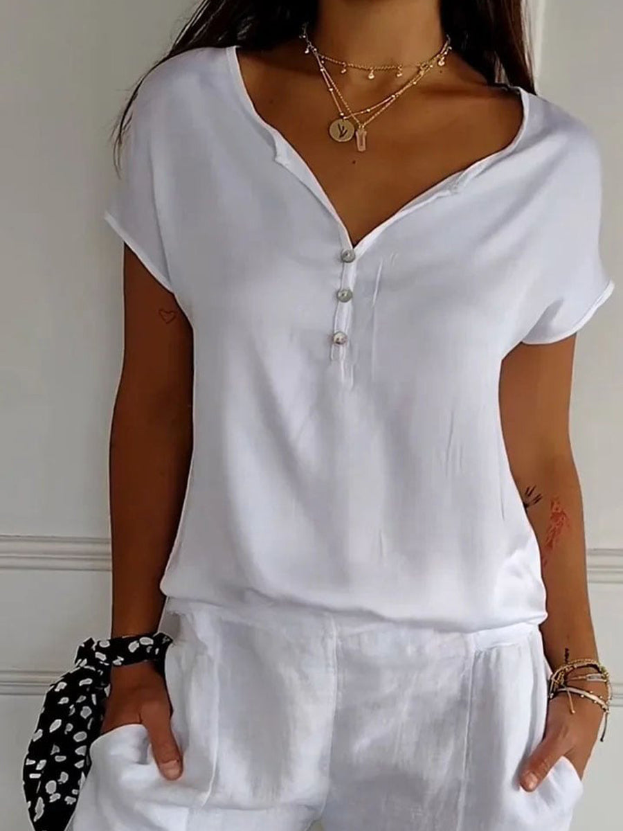 T-shirt uni à manches courtes et col en V boutonné