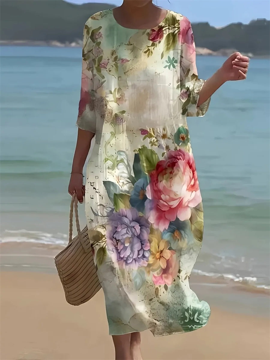 Robe à manches courtes et col rond à imprimé floral pour femme