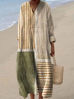 Robe maxi ample à manches longues et rayures patchwork vintage pour femme