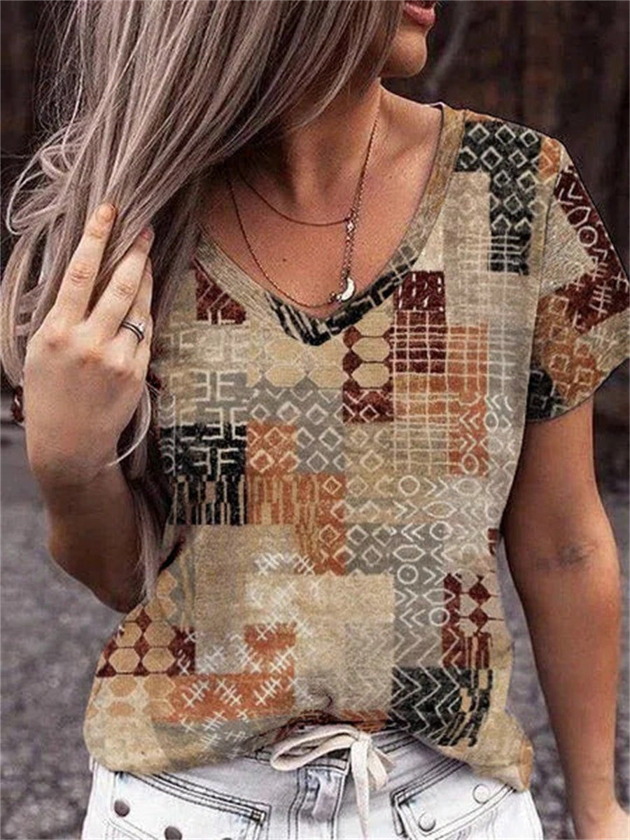 Geometric Print V-neck Short Sleeve T-shirt