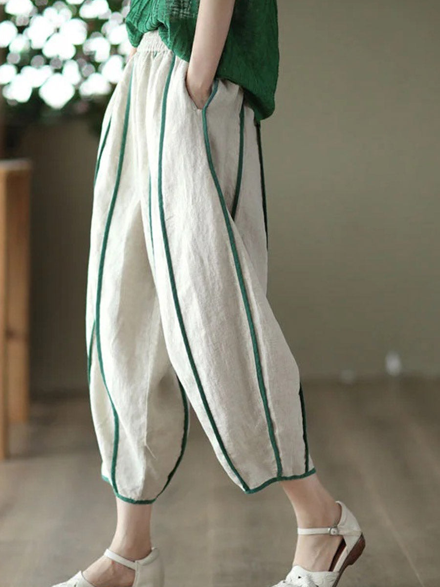 Pantalon harem en lin patchwork blanc