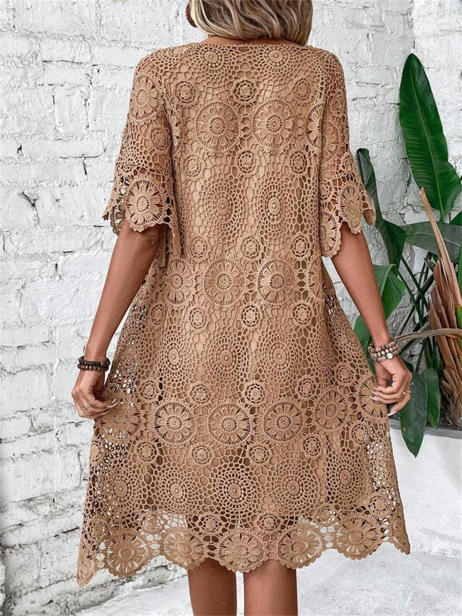 Khaki Lace Crew Neck Short Sleeve Hollow Out Short Dress