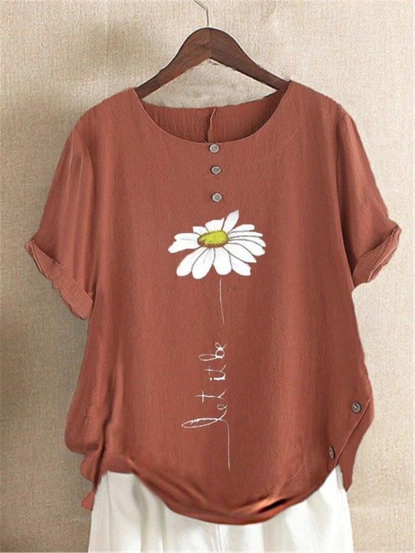 Casual Floral Print Cotton Short Sleeve Blouse