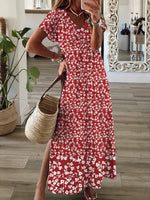 Robe longue de vacances ample à fleurs, col V et manches courtes