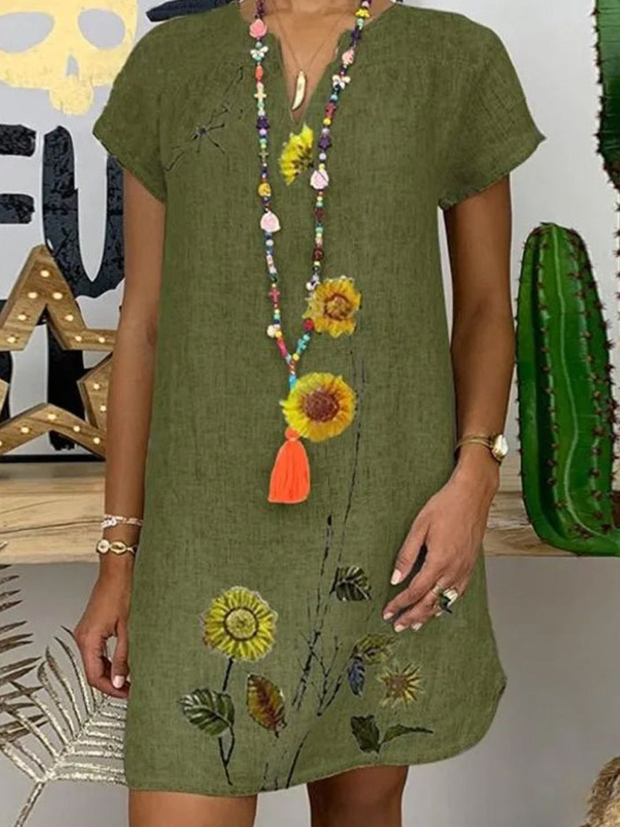 Green Short Sleeve V-Neck Mini Dress