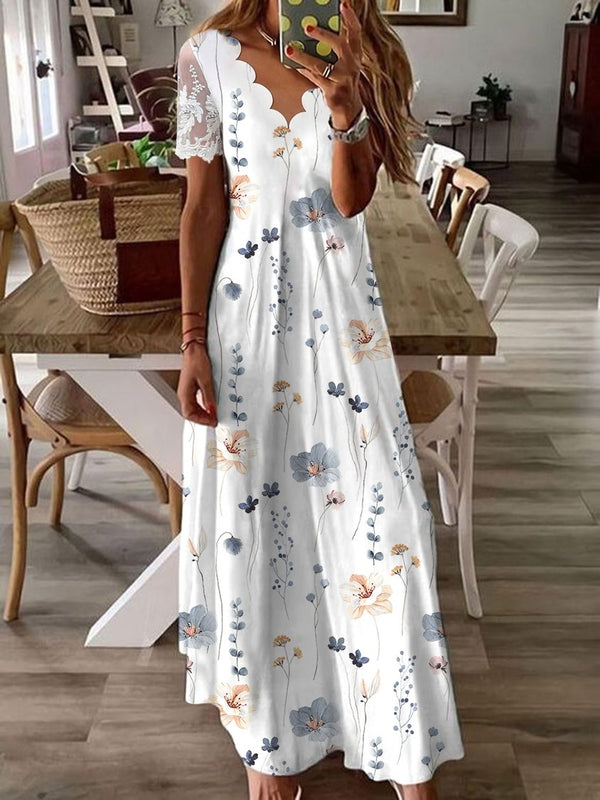 Women’s Scalloped V-Neck Floral Print Lace Sleeve Maxi Dress
