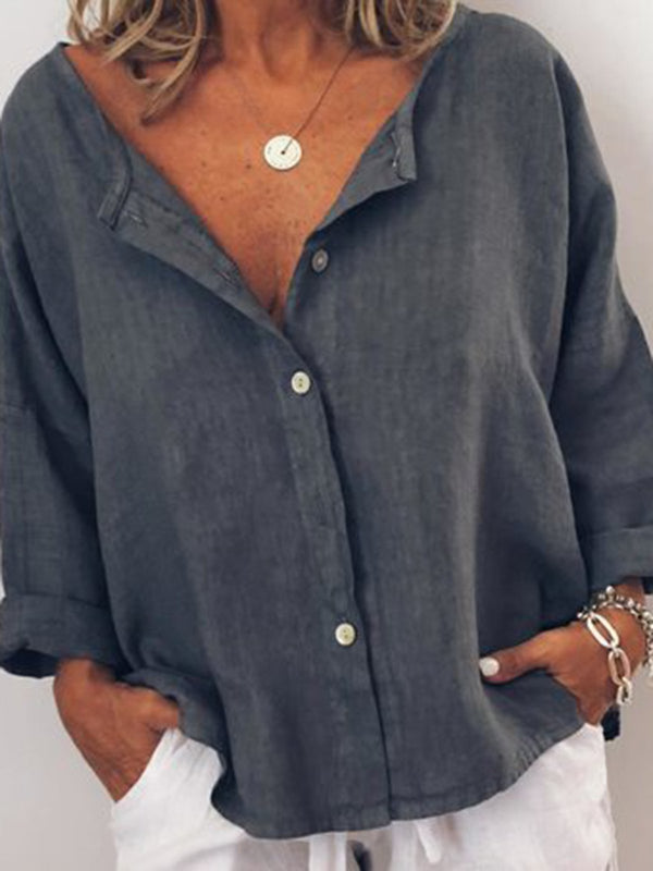 Casual Solid V-neck Long Sleeve Buttoned Blouse