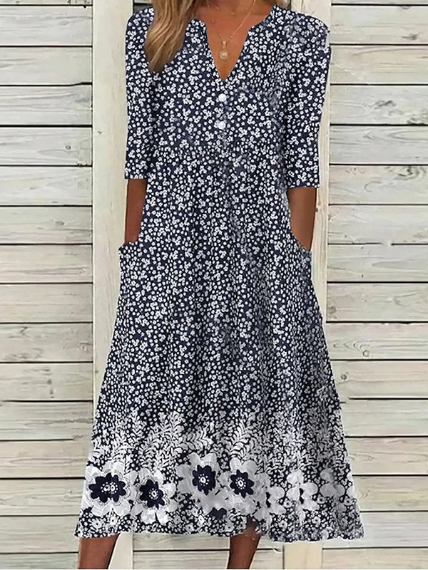 Dark Blue Casual V Neck Floral Printed Half Sleeve Dress