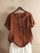 Women’s Casual Loose-Fit Cotton Short Sleeve Blouse with Side Buttons