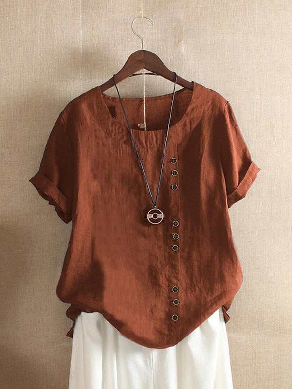 Women’s Casual Loose-Fit Cotton Short Sleeve Blouse with Side Buttons