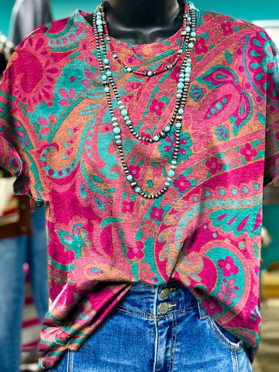 Haut rose à col rond et manches courtes