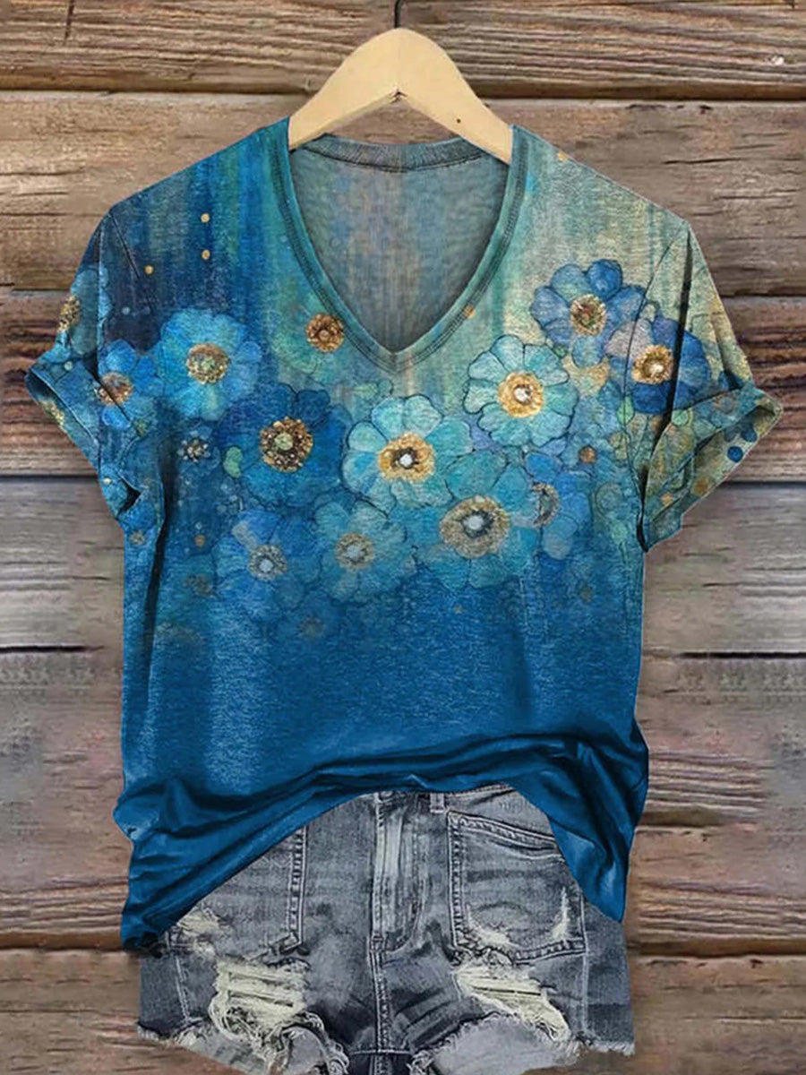Luftiges Kurzarm-Top mit V-Ausschnitt und Blumenmuster