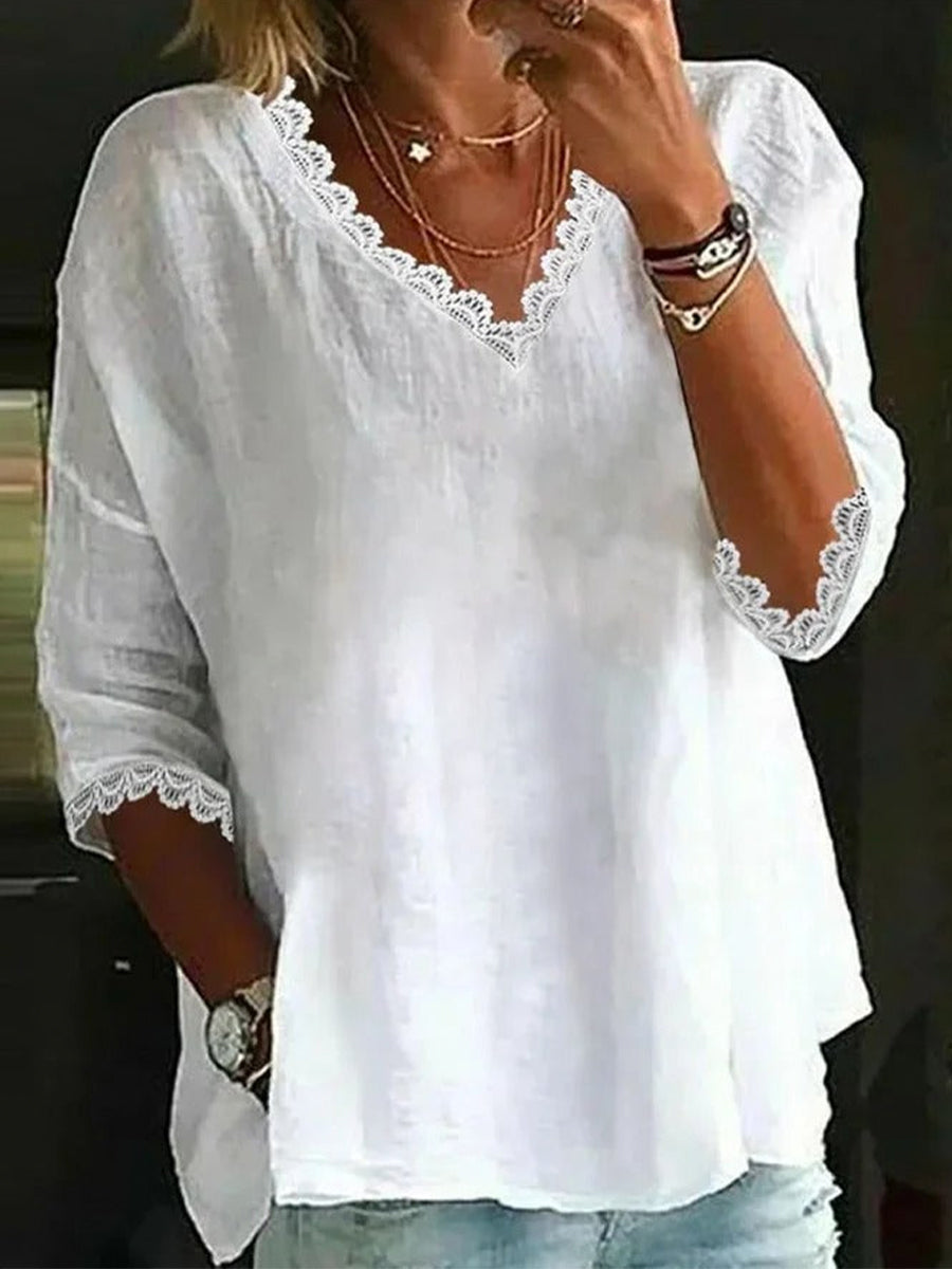 Chemisier décontracté en dentelle blanche à col en V et manches 3/4