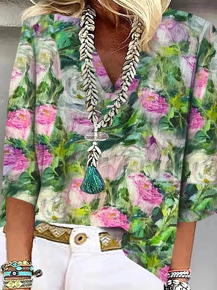 Haut élégant à imprimé floral, col en V et manches 3/4