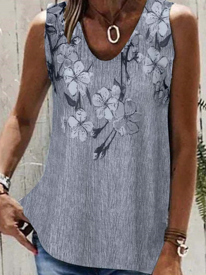 Gray Casual V Neck Floral Printed Sleeveless Tank