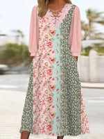 Robe midi à manches longues et col en V pour femme, imprimée de fleurs et ornée de dentelle.