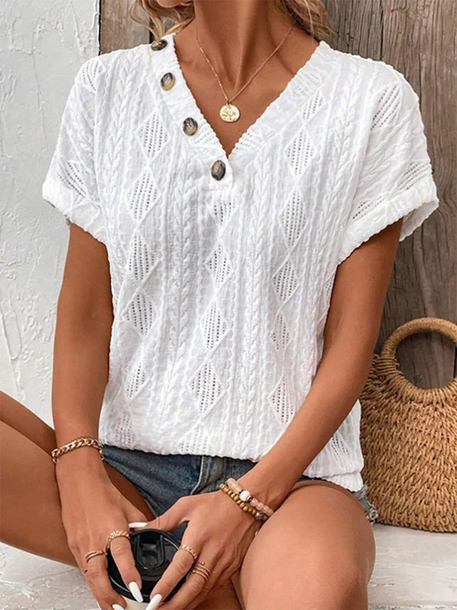 Loose Short Sleeve Buttoned Solid Color V-Neck T-Shirt