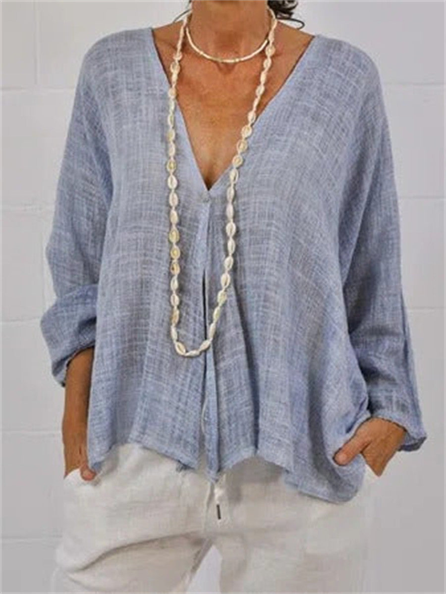 Chemisier uni à col V et manches longues