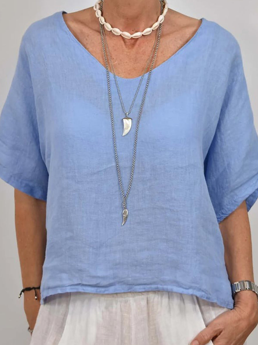Solid Color V Neck Short-Sleeve Casual Blouse