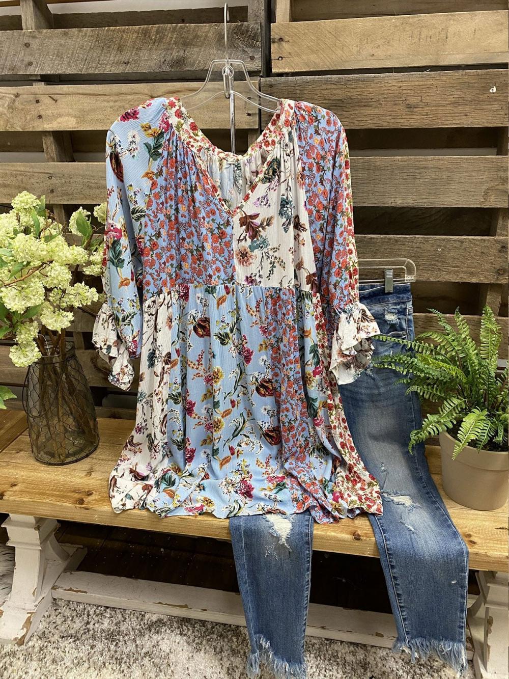 Elastic Ruffle Elbow Sleeves V-neck Blouse