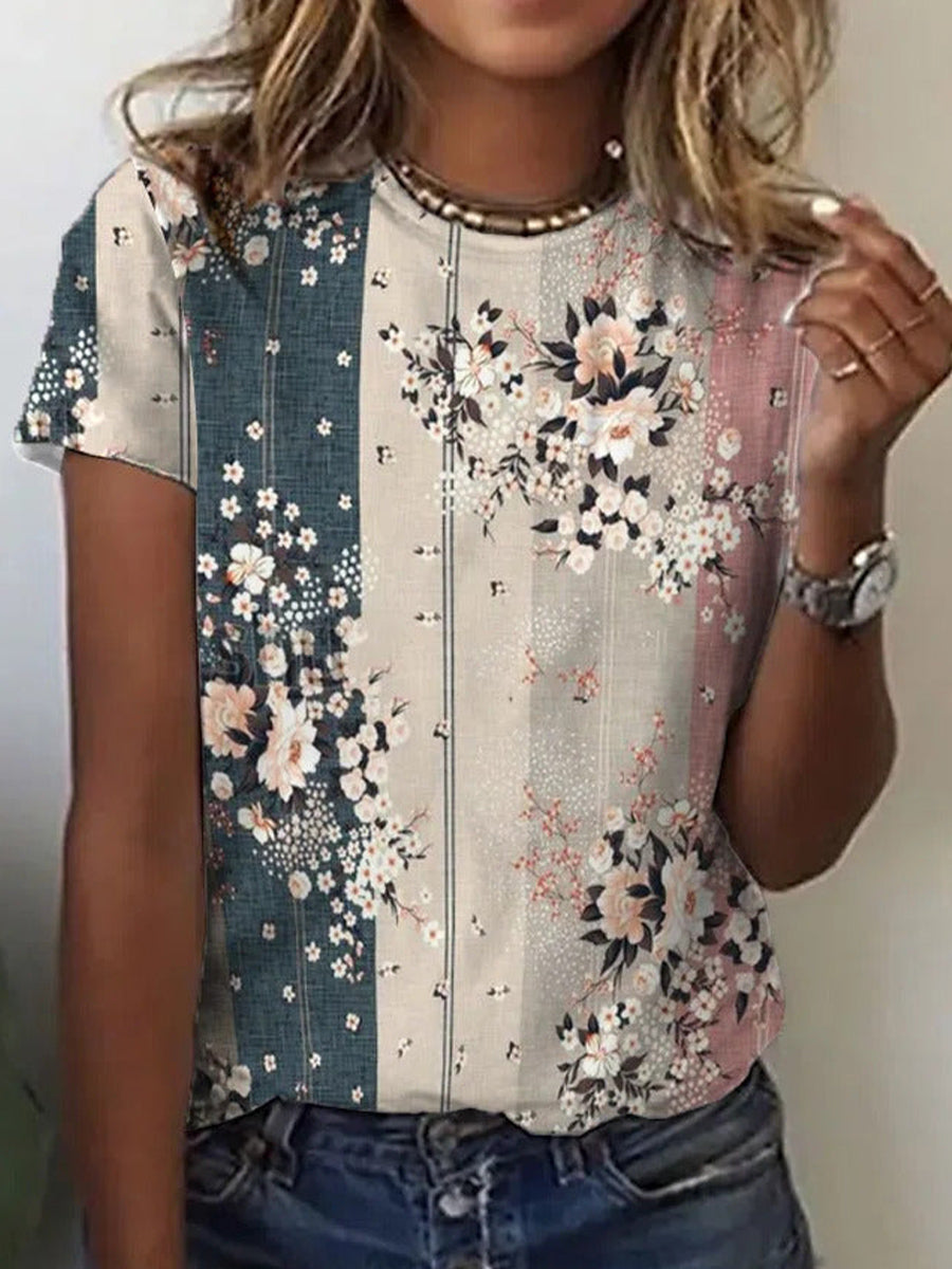 Floral Print Round Neck Short Sleeve T-shirt