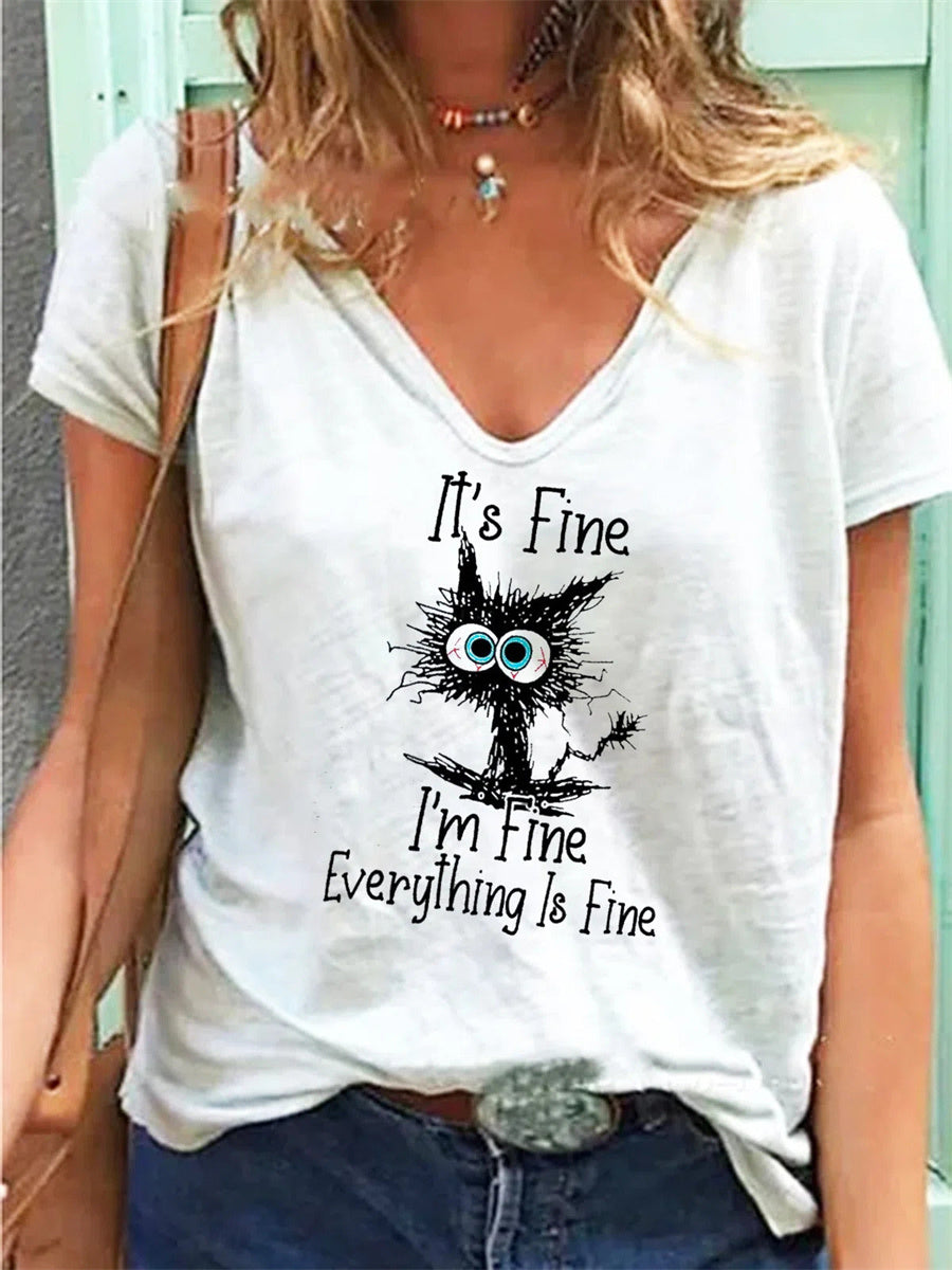 T-Shirt mit Katzenalphabet-Print, V-Ausschnitt und kurzen Ärmeln