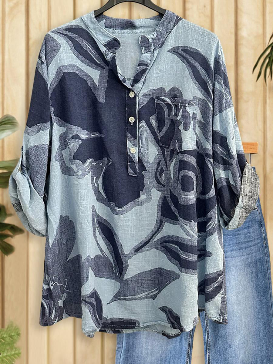 Blaues Langarmshirt mit V-Ausschnitt