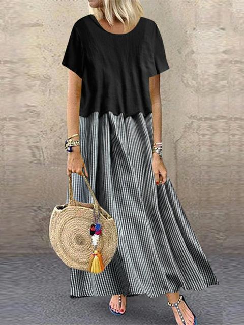 Kurzärmeliges, kariertes, zweiteiliges Sommer-Maxikleid mit Rundhalsausschnitt und kurzen Ärmeln