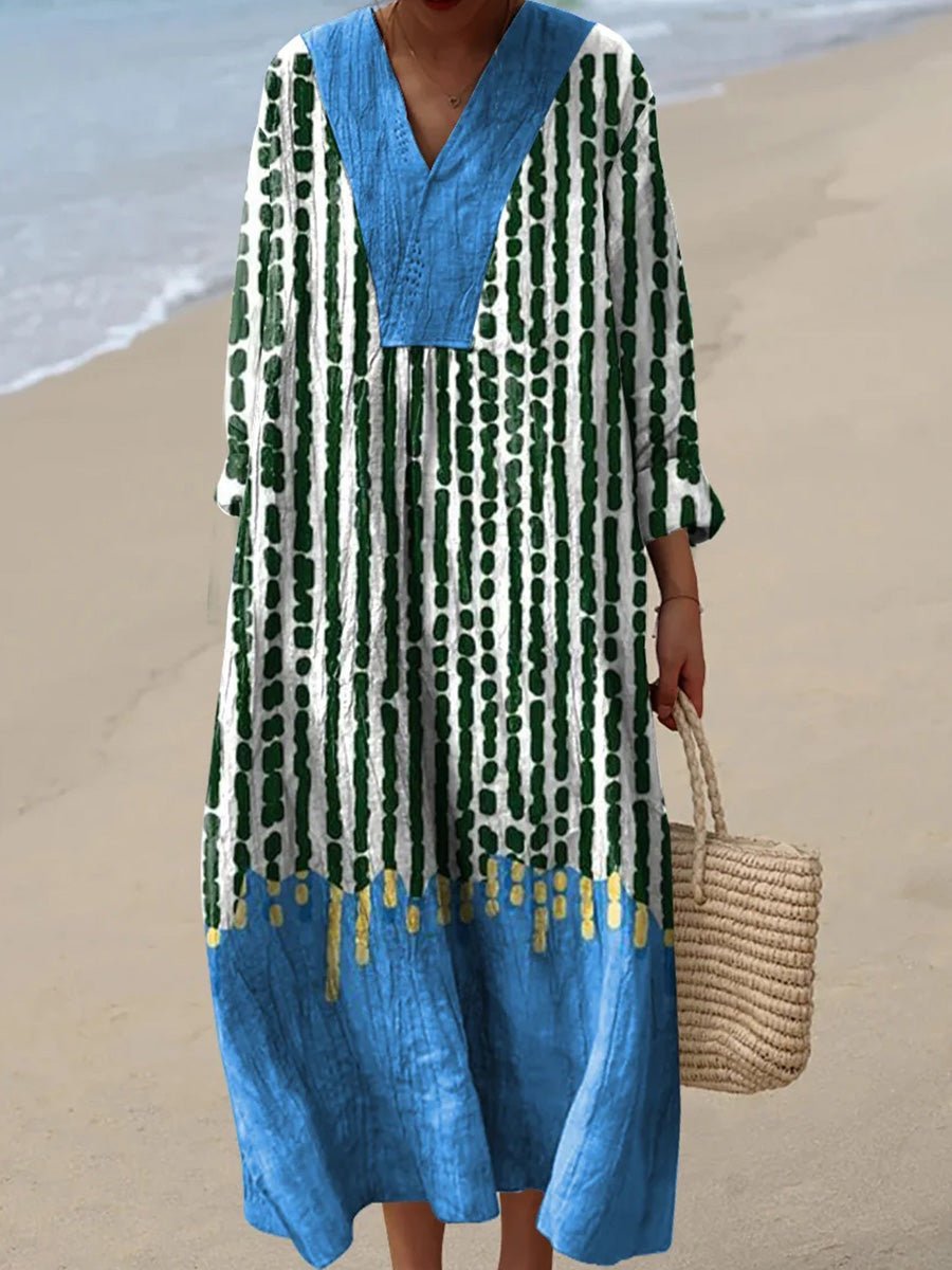 Irregular Geometric Art Print V-neck Long Sleeve Dress