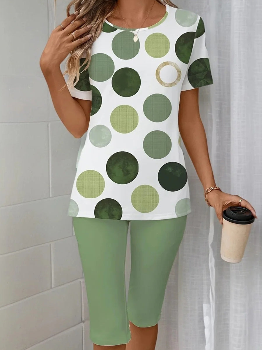 Green Round Neck Short Sleeve Two Piece Set
