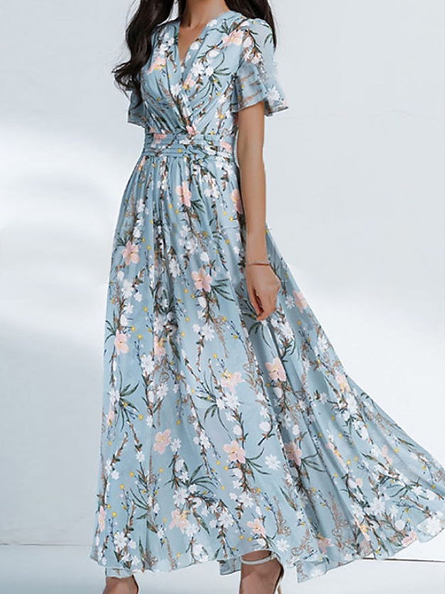 Blaues Kleid mit Blumenmuster, V-Ausschnitt und kurzen Ärmeln