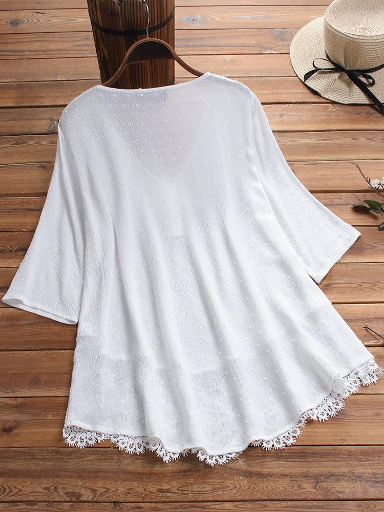 Jacquard Pleated Lace Hollow Out V-neck Plus Size Blouse