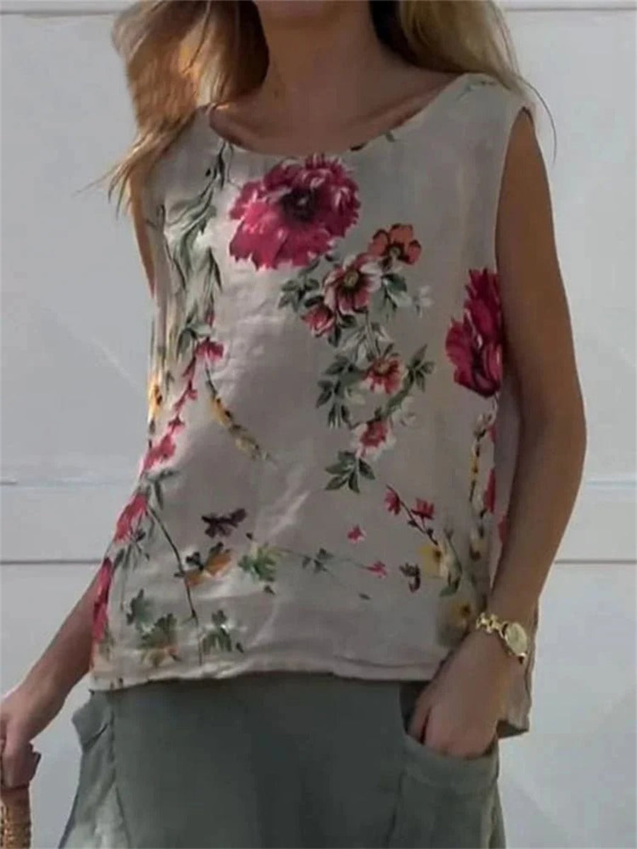 Floral Print Round Neck Sleeveless Comfy Tank Top