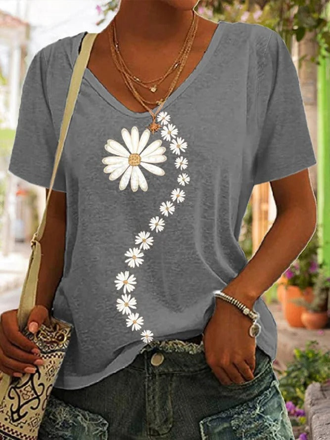 Gray Casual V Neck Floral Printed Short Sleeve Shirt