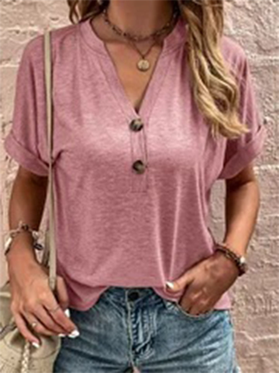 Women's Short Sleeve V-neck Button Solid Color Fashion Casual Top