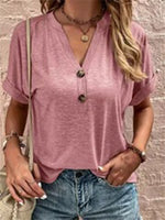 Women's Short Sleeve V-neck Button Solid Color Fashion Casual Top