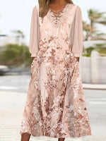 Robe midi à manches longues et col en V pour femme, imprimée de fleurs et ornée de dentelle.