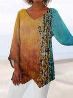 Chemisier jaune décontracté à col V imprimé et manches longues