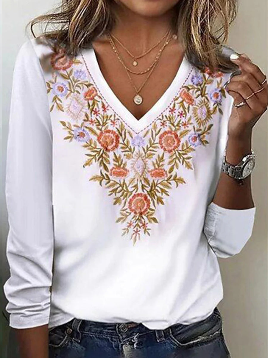 Schickes weißes Langarm-Top mit Blumenmuster, V-Ausschnitt