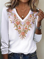 Schickes weißes Langarm-Top mit Blumenmuster, V-Ausschnitt