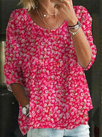 Flower Print Crew Neck 3/4 Sleeve Comfy Blouse