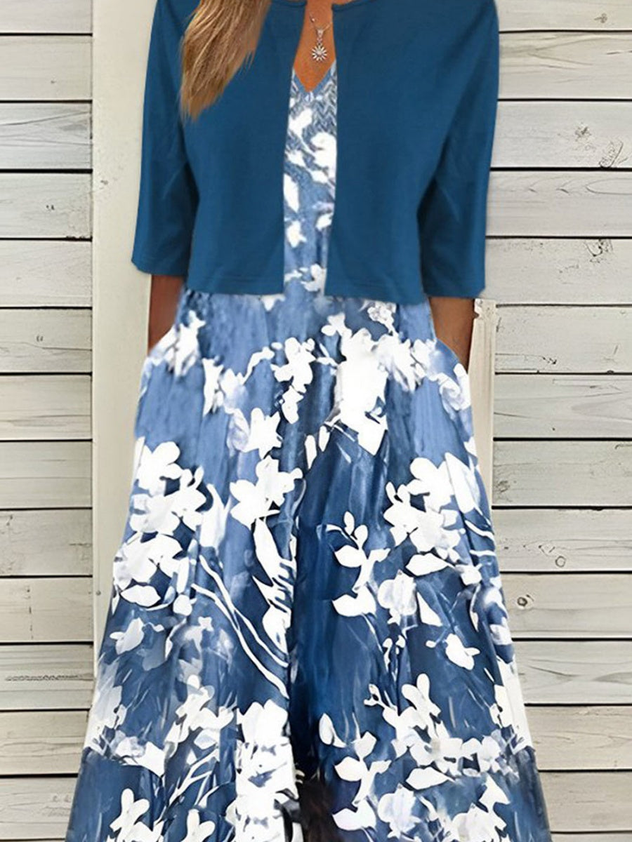 Half Sleeve Floral Two Piece Midi Dress