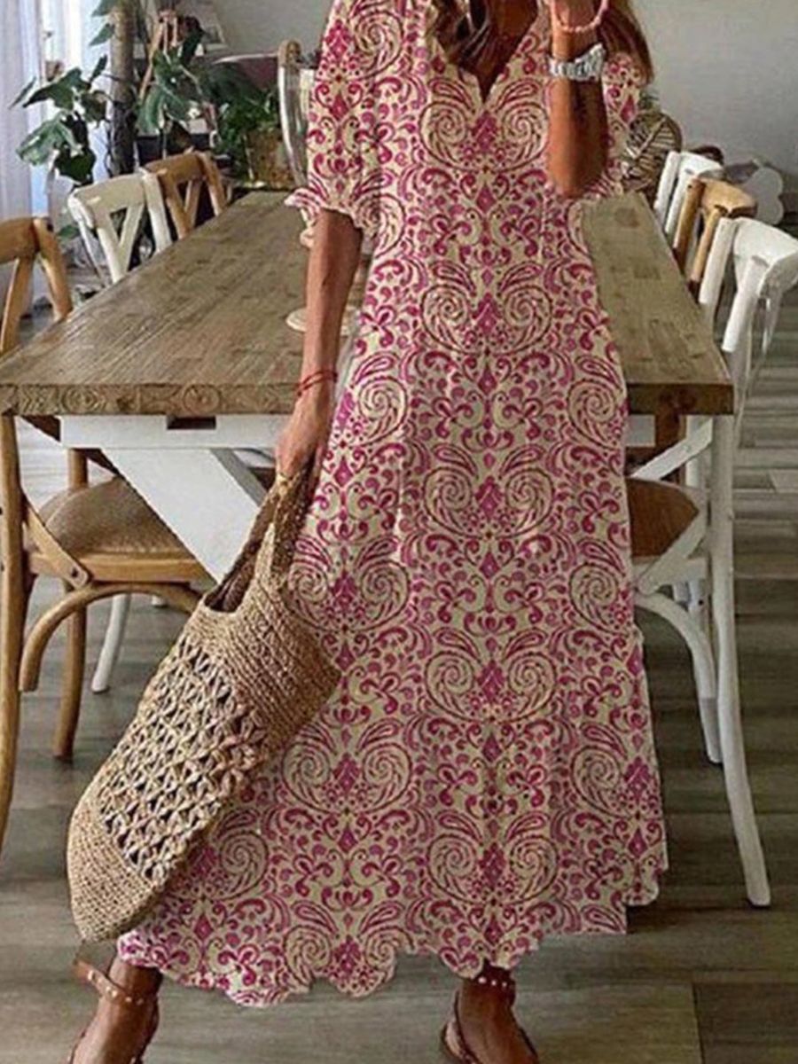 Robe rouge décontractée à col en V imprimée et manches courtes