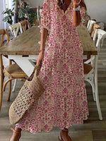 Robe rouge décontractée à col en V imprimée et manches courtes