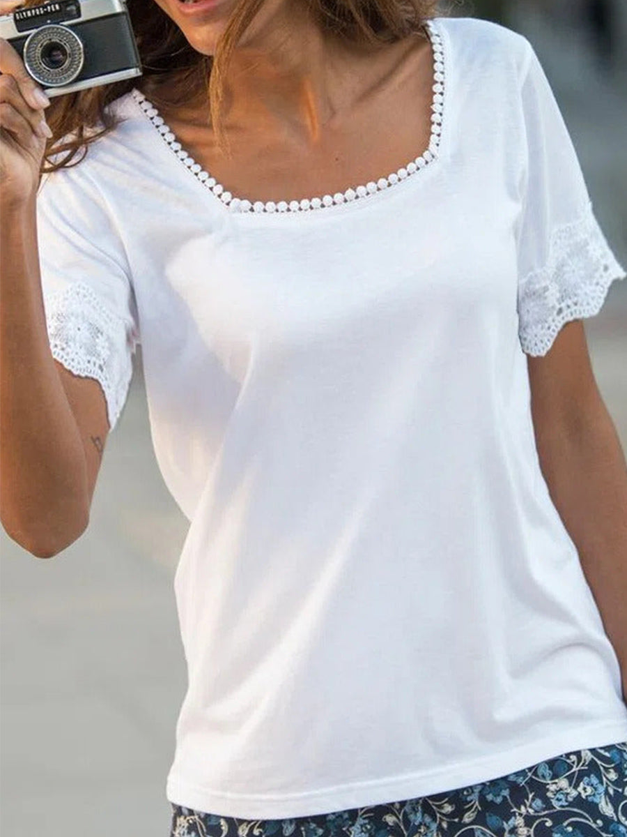 T-shirt basique en dentelle unie à col carré