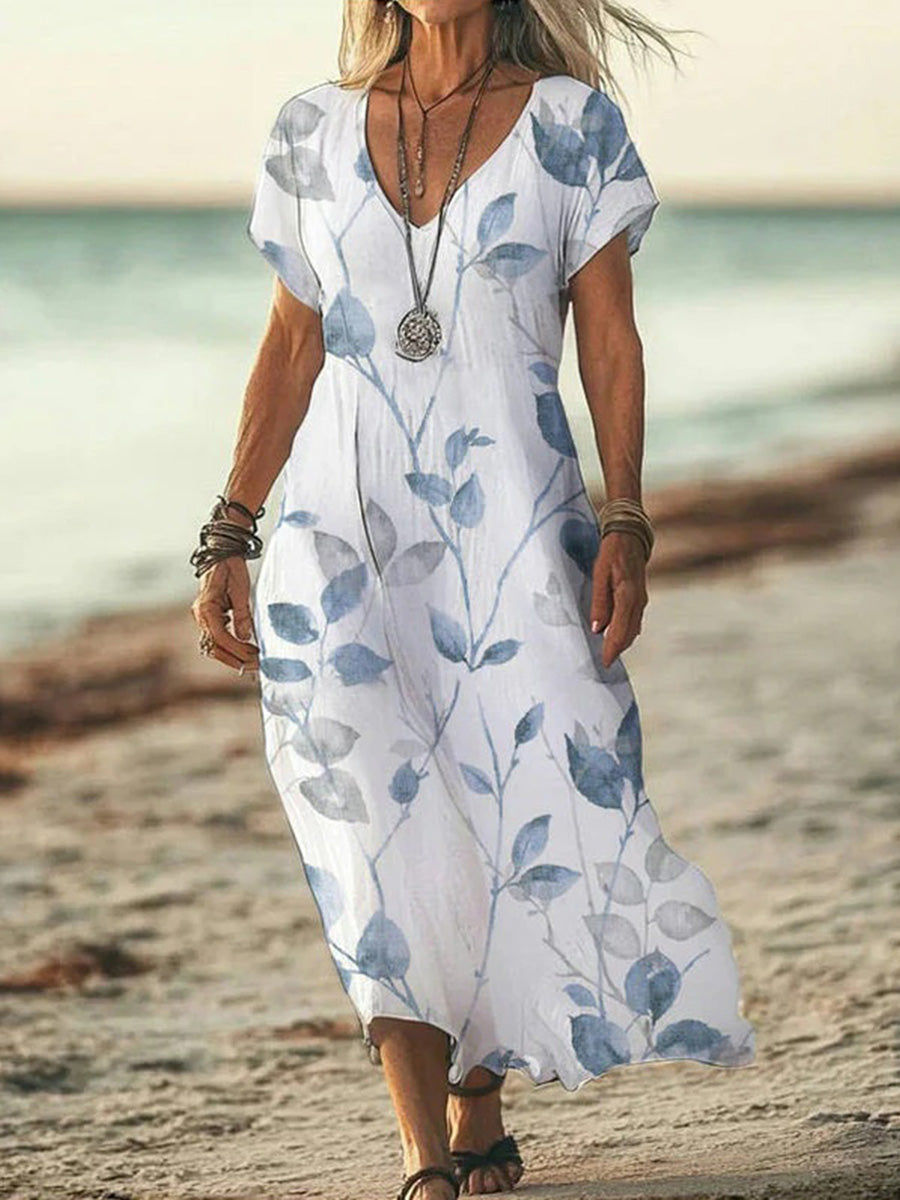 Lässiges Kurzarmkleid mit Blättermuster, V-Ausschnitt