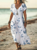 Lässiges Kurzarmkleid mit Blättermuster, V-Ausschnitt