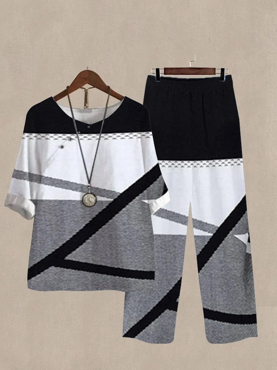 Grey Casual Round Neck Color Block Printed Daily Two Piece Suit